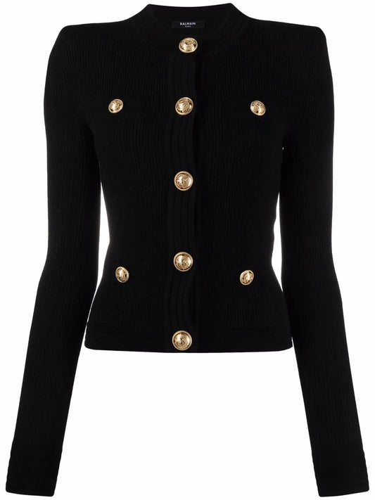 Button-Embellished Ribbed Cardigan