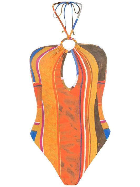 Striped Print Eco High-Leg Swimsuit