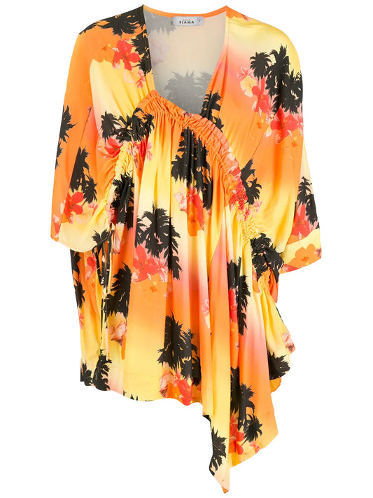 Palm Tree-Print Asymmetric Dress