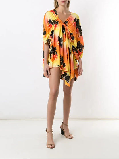 Palm Tree-Print Asymmetric Dress