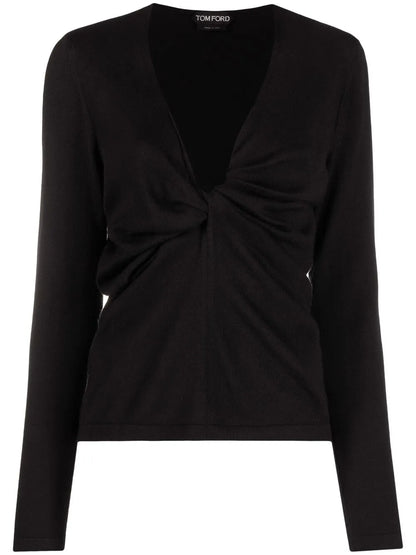 Plunge-Neck Twist-Detail Knitted Top