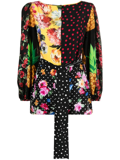 Mix-Print Belted Blouse