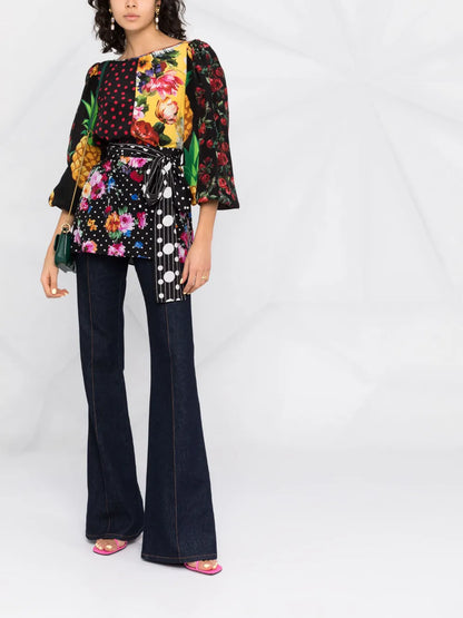 Mix-Print Belted Blouse