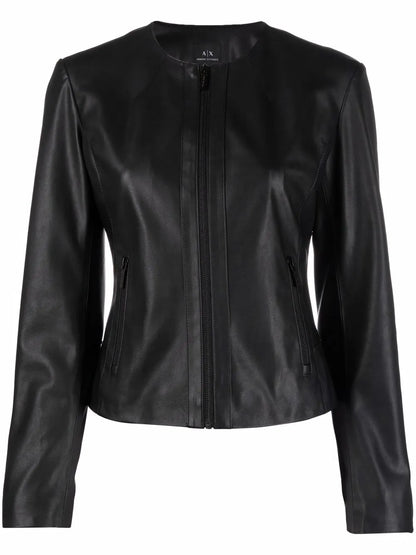 Faux Leather Collarless Jacket