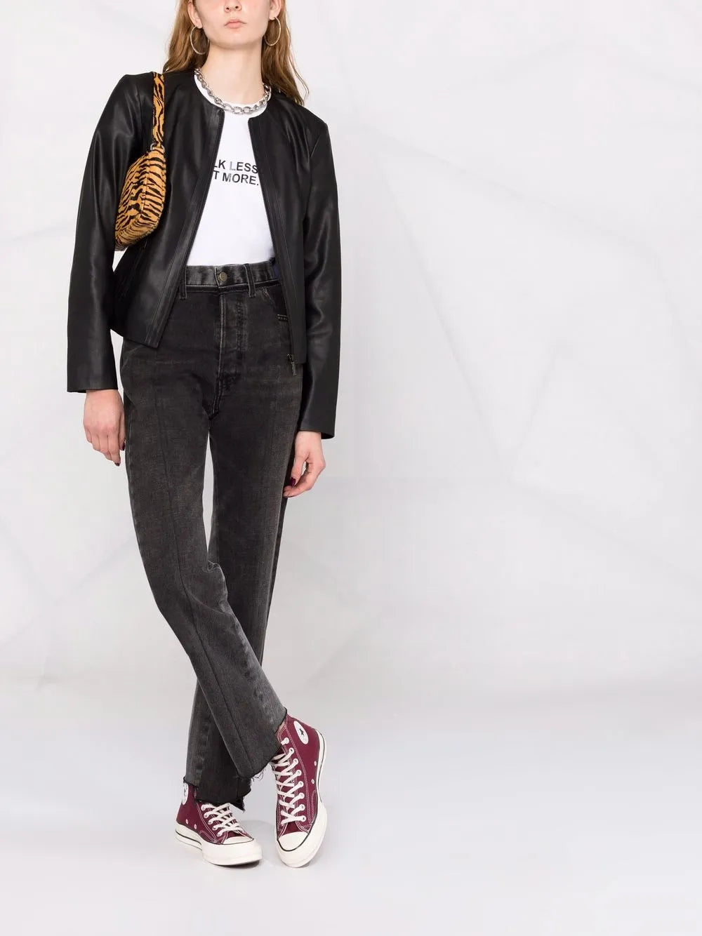 Faux Leather Collarless Jacket