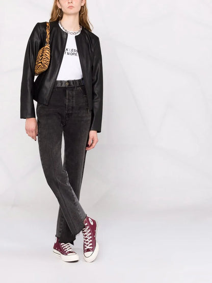 Faux Leather Collarless Jacket