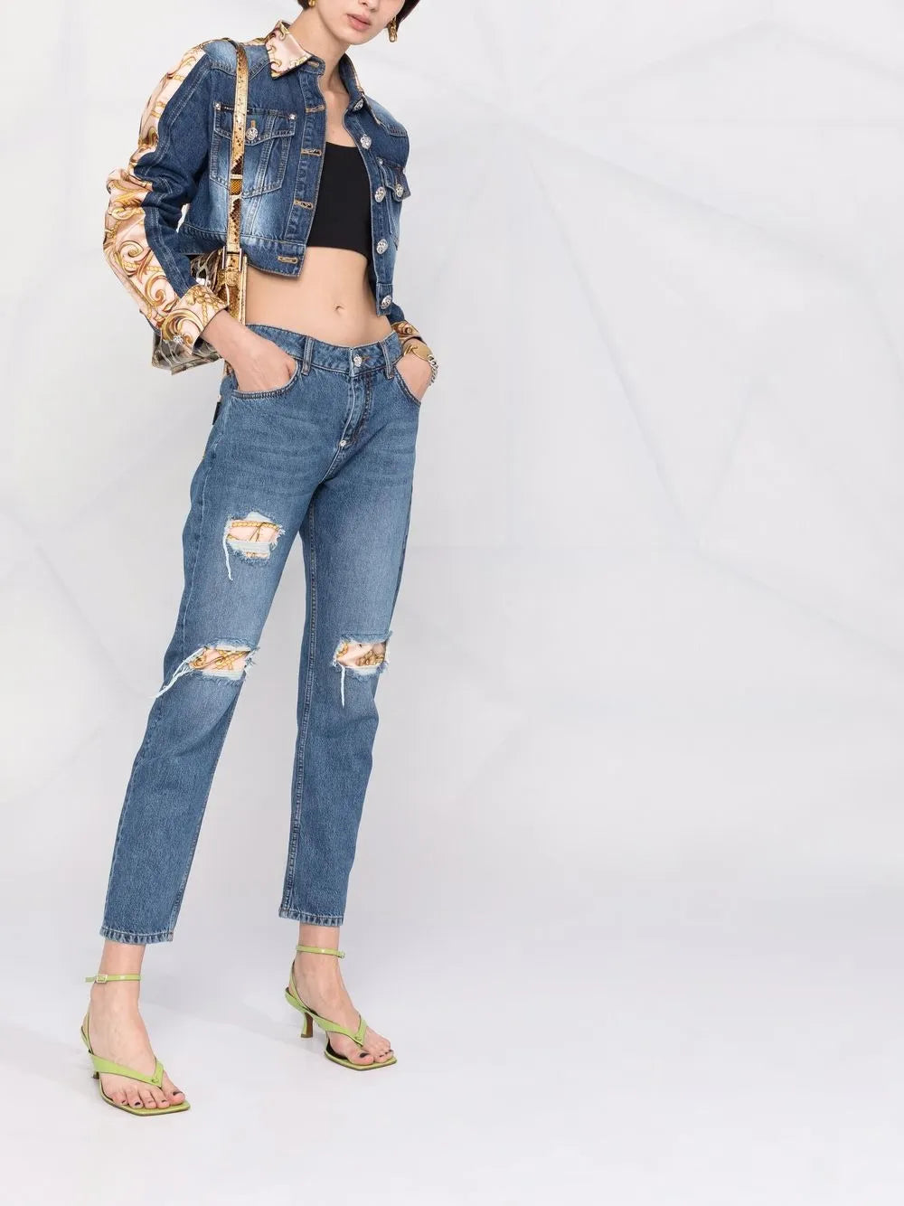Baroque-Print Cropped Denim Jacket