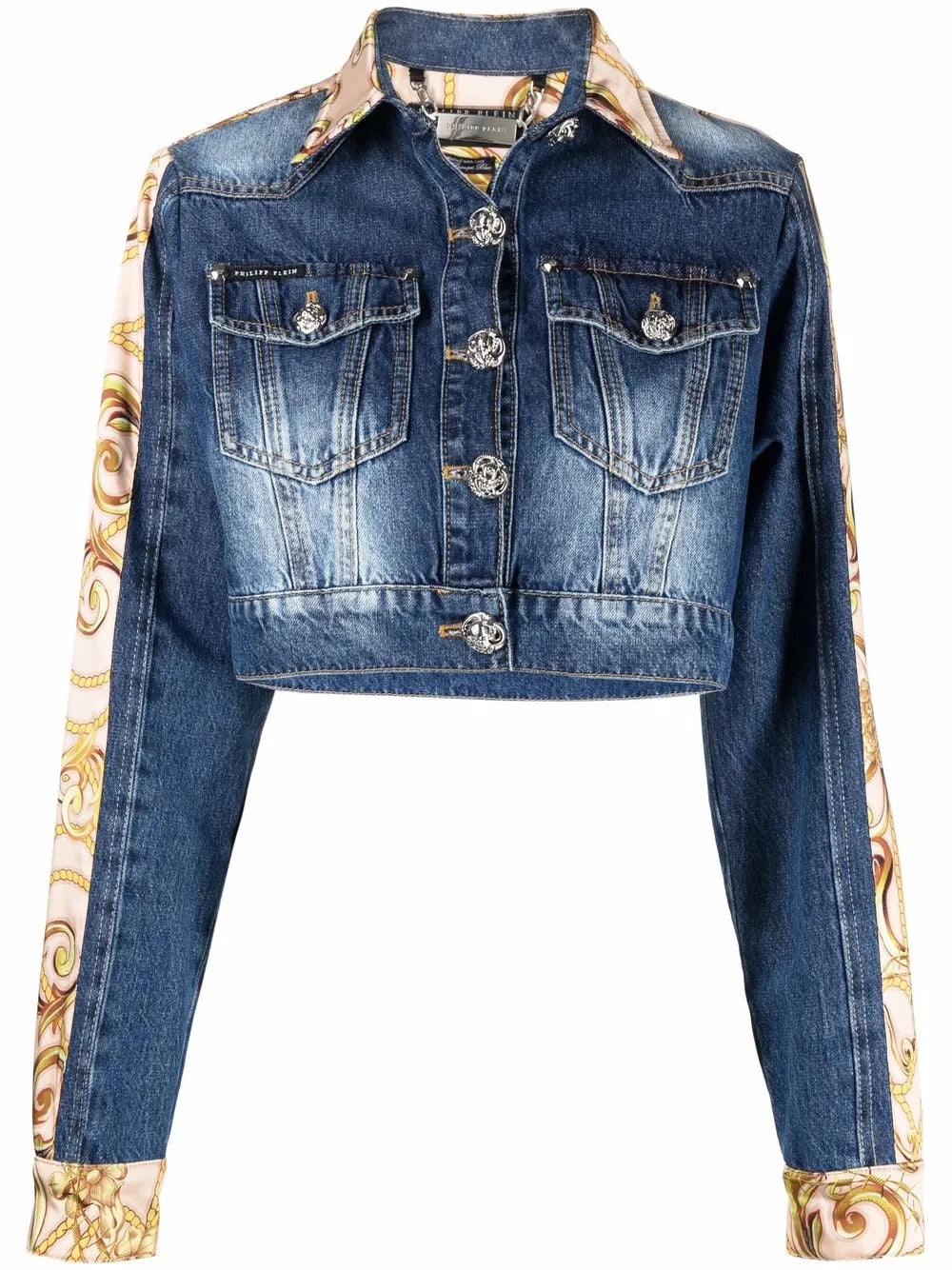 Baroque-Print Cropped Denim Jacket
