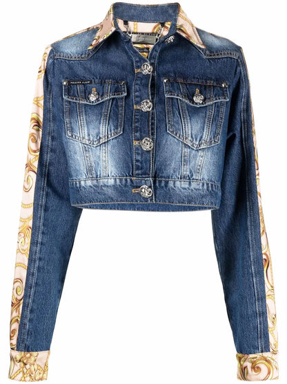 Baroque-Print Cropped Denim Jacket