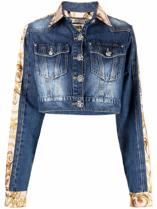 Baroque-Print Cropped Denim Jacket