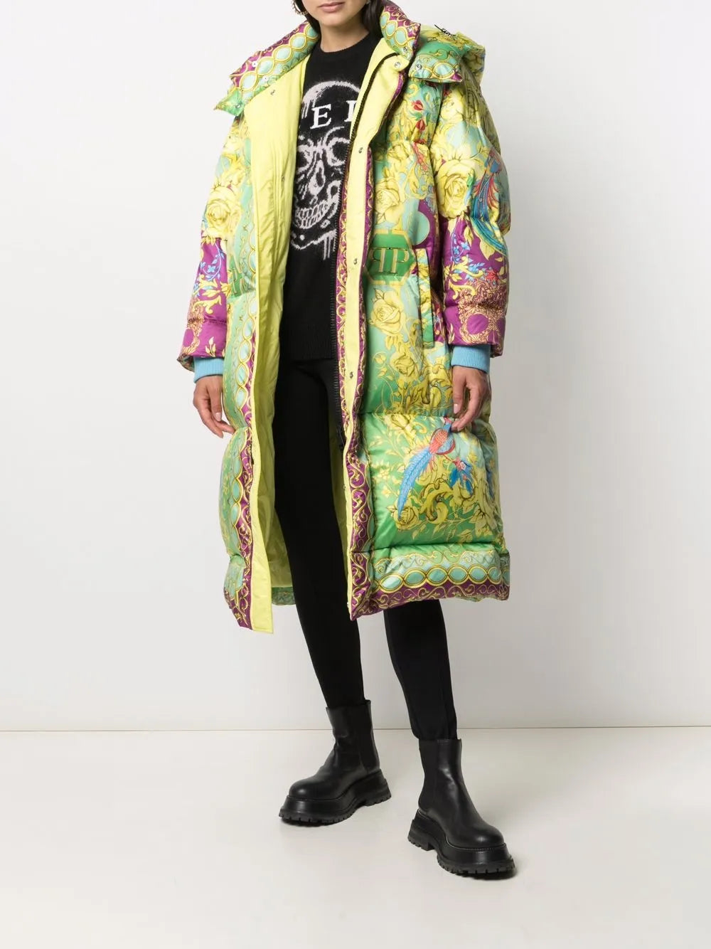 Baroque-Print Long Padded Jacket