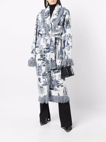 Intarsia-Knit Fringed-Edge Cardigan