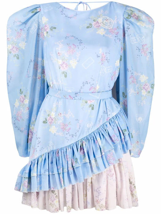 Floral-Print Two-Tone Mini Dress
