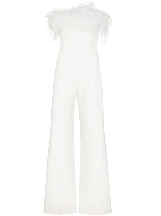 Taree Feather-Trim Strapless Jumpsuit
