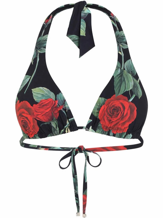 Rose-Print Triangle Bikini Top