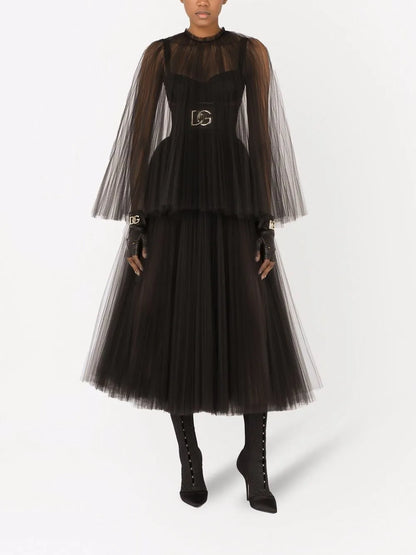 Cape-Detail Tulle Midi Dress