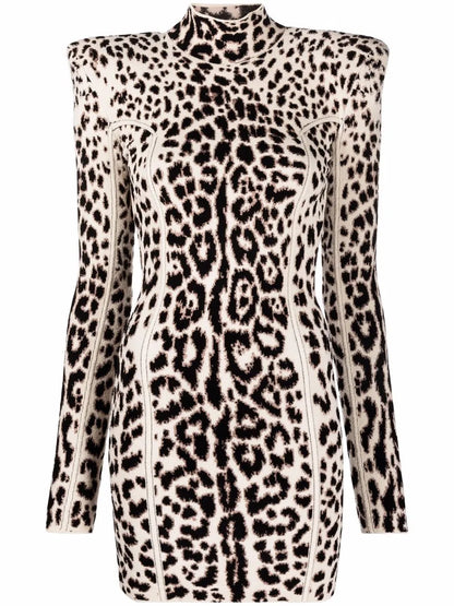 Structured-Shoulder Leopard Dress