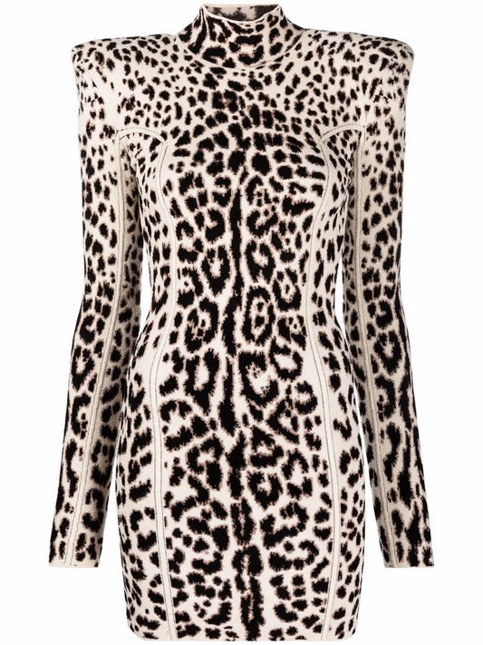 Structured-Shoulder Leopard Dress
