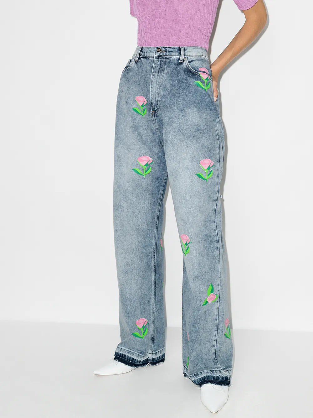 Rose-Print Wide-Leg Jeans