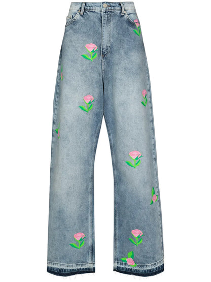 Rose-Print Wide-Leg Jeans