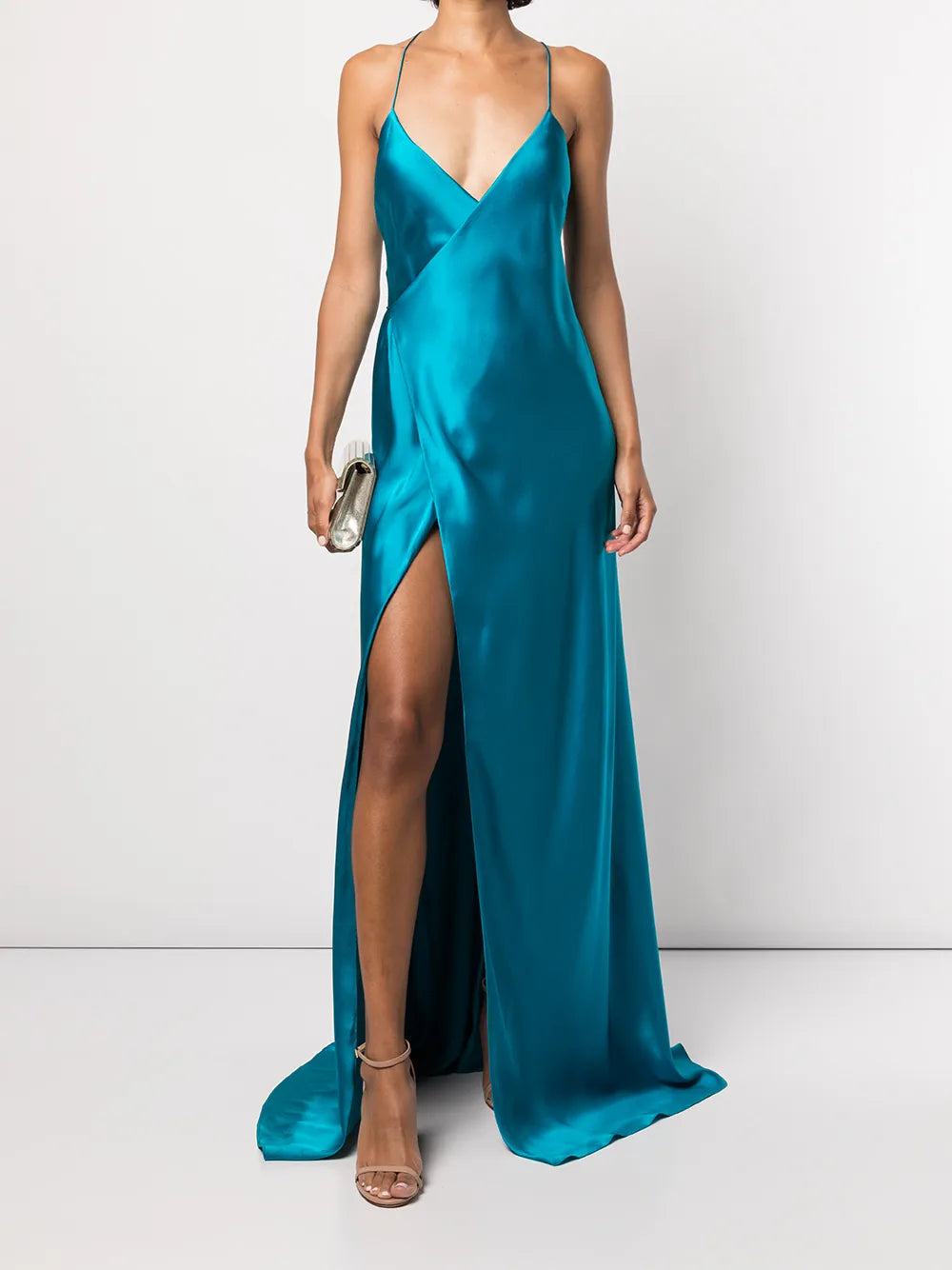Cross-Strap Silk Wrap Gown