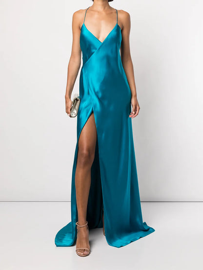 Cross-Strap Silk Wrap Gown