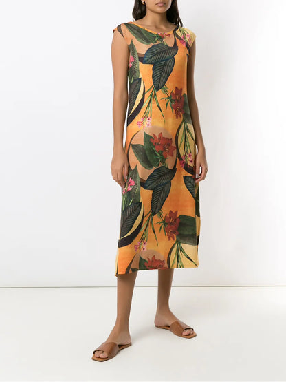 Floral Leaf Print Midi Dress