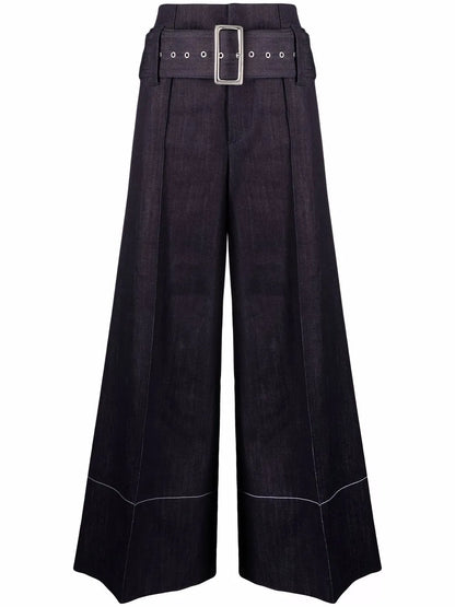 High-Waist Belted Denim Trousers