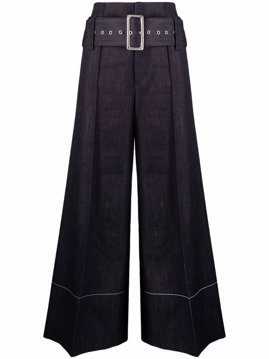 High-Waist Belted Denim Trousers