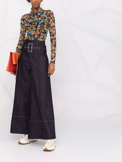 High-Waist Belted Denim Trousers