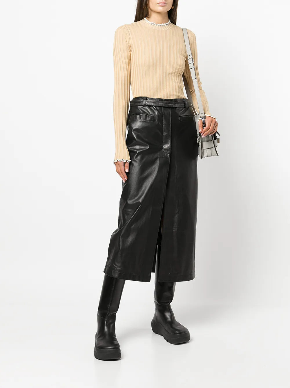 Belted Leather Midi Skirt