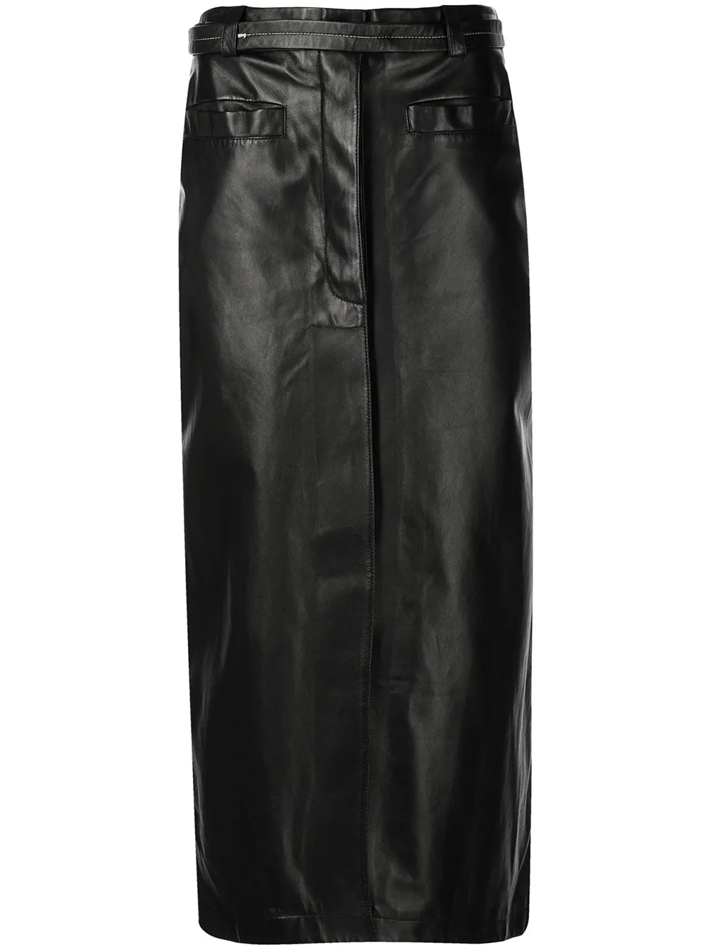 Belted Leather Midi Skirt