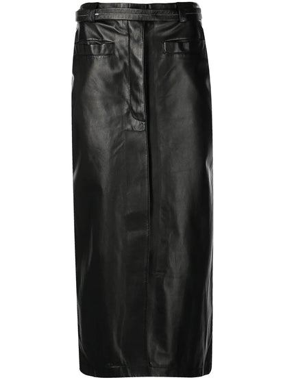 Belted Leather Midi Skirt