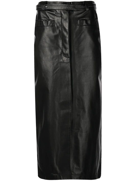 Belted Leather Midi Skirt