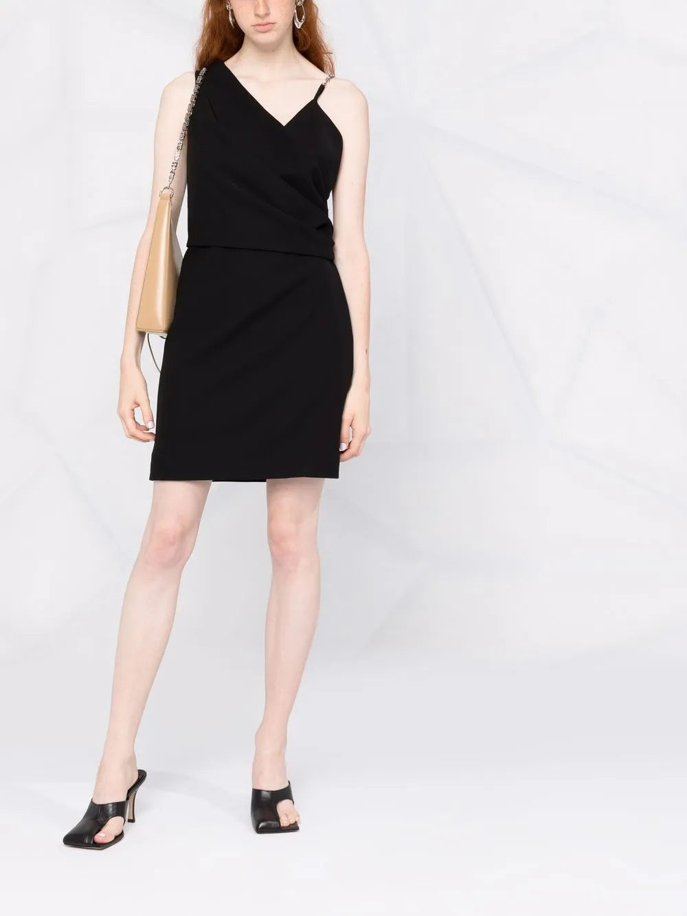Chain-Strap Asymmetric-Neck Dress