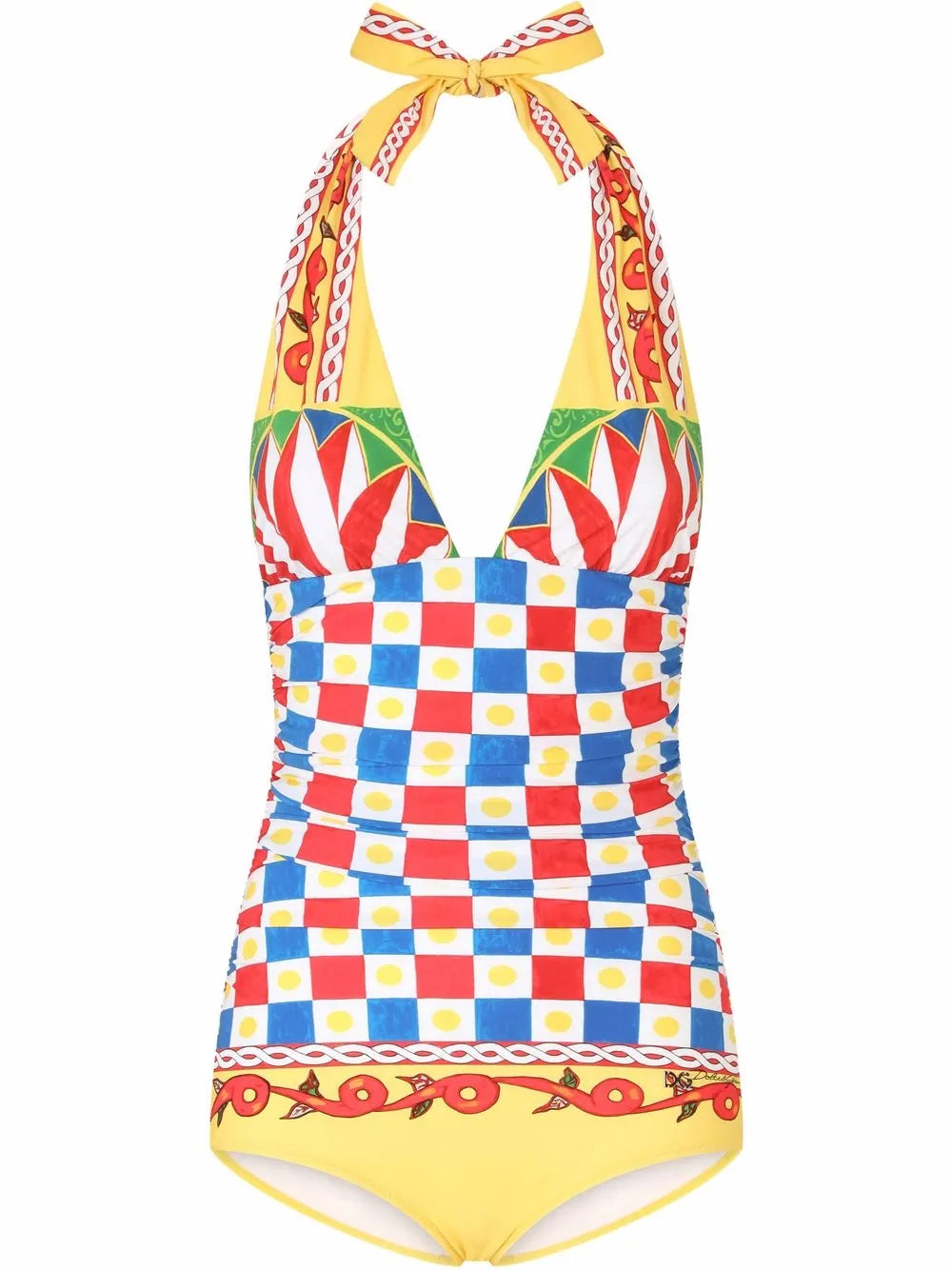 Carretto-Print Plunge-Neck Swimsuit