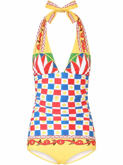 Carretto-Print Plunge-Neck Swimsuit
