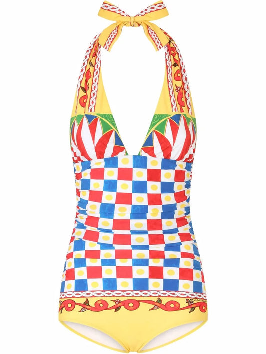 Carretto-Print Plunge-Neck Swimsuit