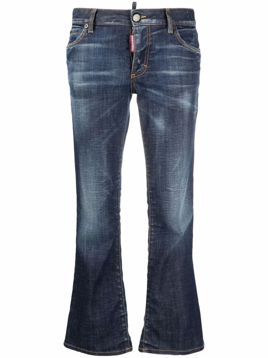 Bleach-Effect Distressed Kick-Flare Cropped Jeans