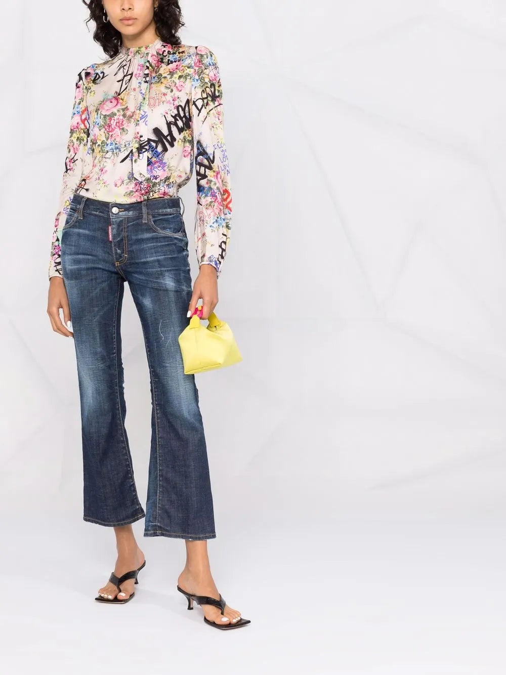 Bleach-Effect Distressed Kick-Flare Cropped Jeans