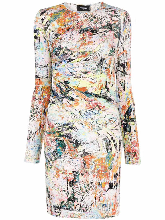Abstract-Print Long-Sleeve Dress