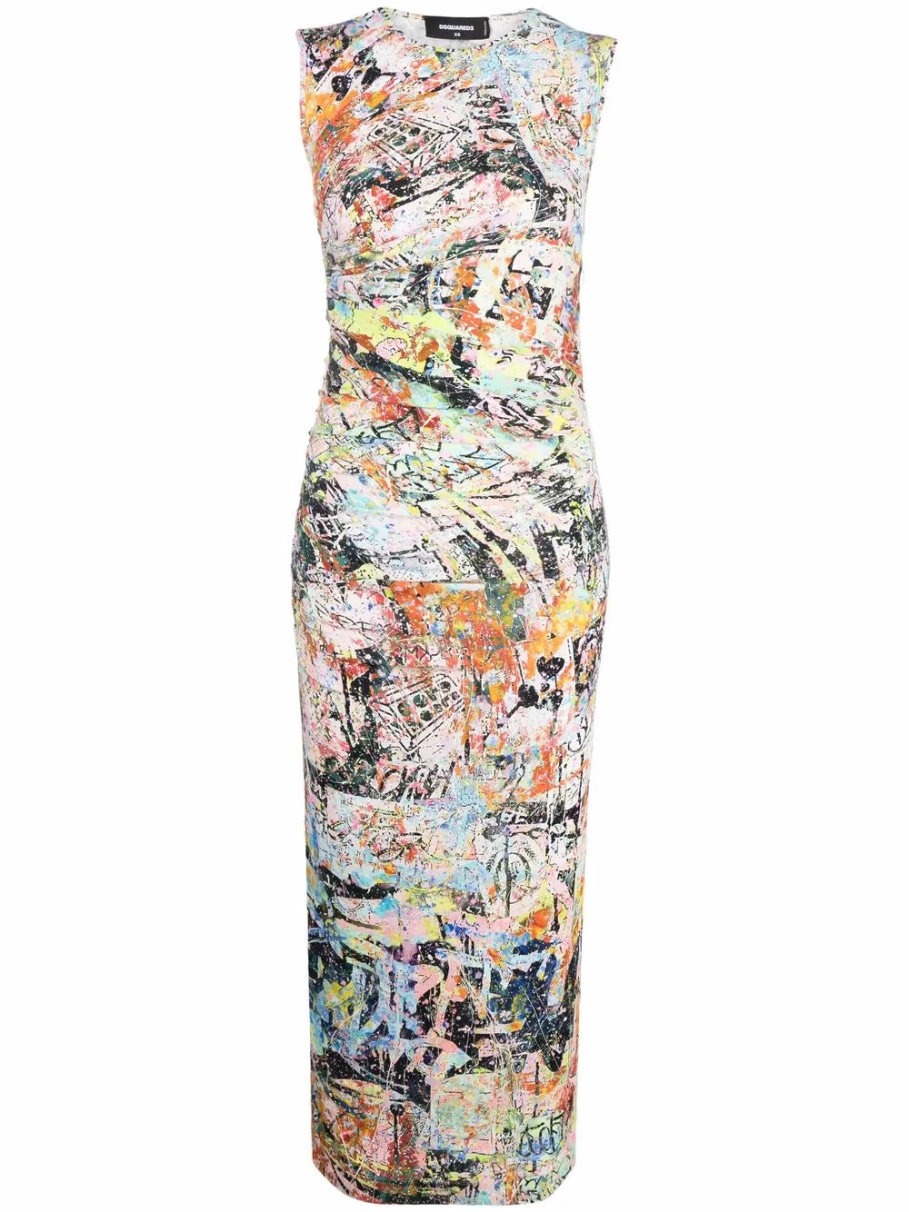 Abstract-Print Gathered-Detail Midi Dress