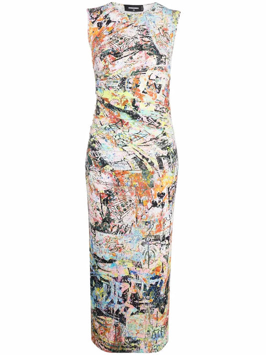Abstract-Print Gathered-Detail Midi Dress
