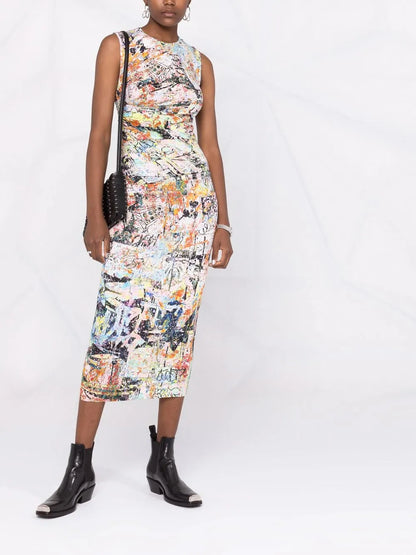 Abstract-Print Gathered-Detail Midi Dress