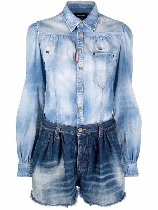 Two-Tone Distressed Denim Playsuit