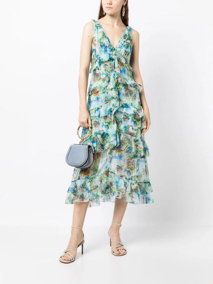 Abstract-Print Sleeveless Midi Dress