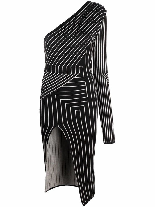 Geometric Stripe One-Shoulder Dress