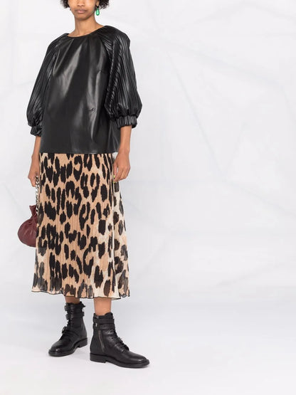 Vegan Leather Pleated-Sleeve Top