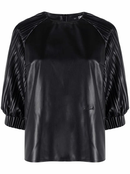 Vegan Leather Pleated-Sleeve Top