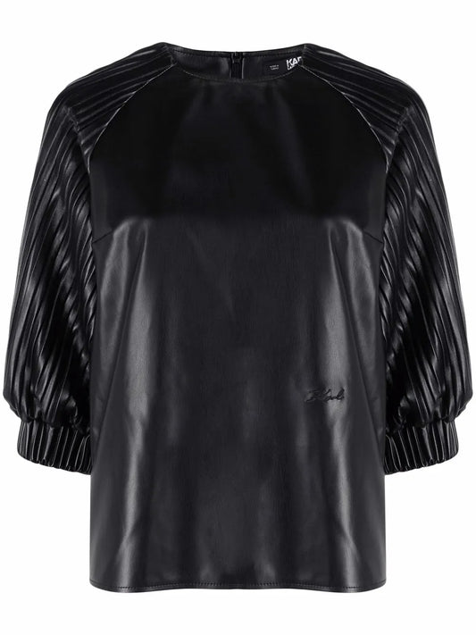 Vegan Leather Pleated-Sleeve Top